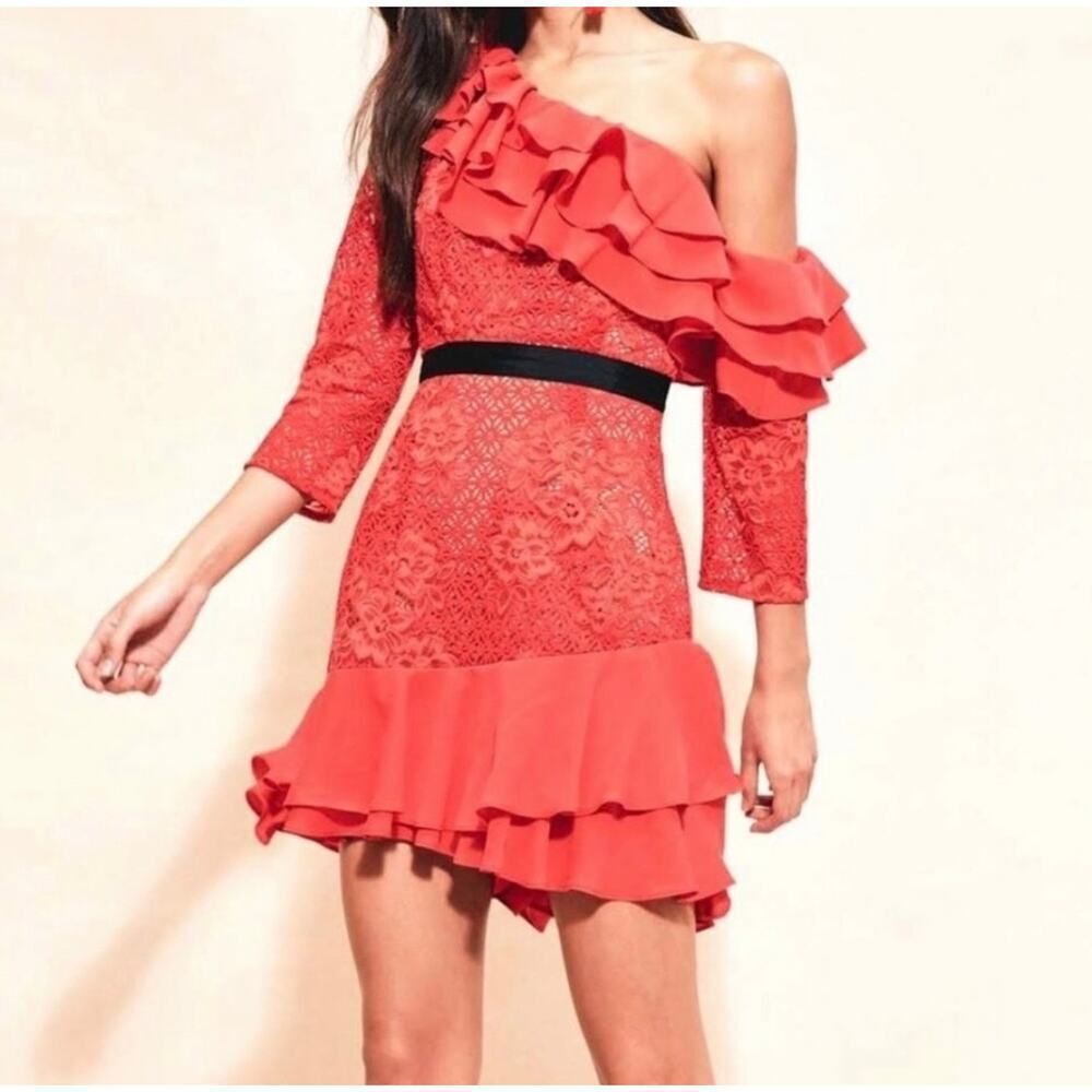 For Love & Lemons Chianti Off Shoulder Ruffle Dress Red Women's Size Small